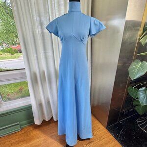 Vintage 60s dress, sky blue, Mod minimalist gown, high neck, flutter sleeves